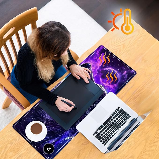Heated Mouse Pad, Warm Desk Pad, Keyboard Mat 31.5 x 13 Inch Large Size Intelligent Fast Heating, 3 Speed Adjustable, Timed Auto Power Off for Game Office Home,Galaxy Wolf