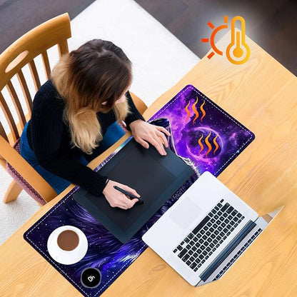 Heated Mouse Pad, Warm Desk Pad, Keyboard Mat 31.5 x 13 Inch Large Size Intelligent Fast Heating, 3 Speed Adjustable, Timed Auto Power Off for Game Office Home,Galaxy Wolf