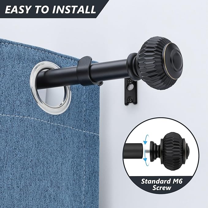 Black Curtain Rods for Windows 48 to 84 Inches 1 Inch Adjustable Heavy Duty Curtain Rods with Lantern Ball Finials,Window Treatment Single Curtain Rod Set
