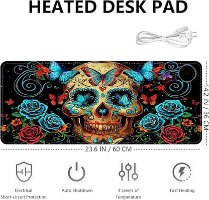 Heated Mouse Pad with 3 Levels Heated & 3 Hours Auto Shut-Off Mouse Pad for Warming Hands in Office Home, 23.6" x 14.2"Large Safe Desk Mat Hand Warmer，Skull Butterfly Blue Rose