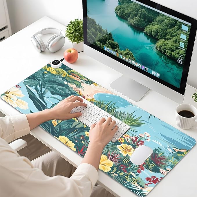 Heated Desk Pad Mouse Pad 31.5x13 Inch PU Leather Desk Mat with 3 Heat Levels Large Mouse Gaming Computer Laptop Mat Coastline Hibiscus