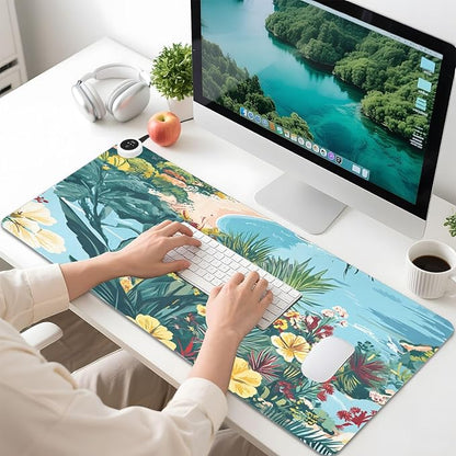 Heated Desk Pad Mouse Pad 31.5x13 Inch PU Leather Desk Mat with 3 Heat Levels Large Mouse Gaming Computer Laptop Mat Coastline Hibiscus