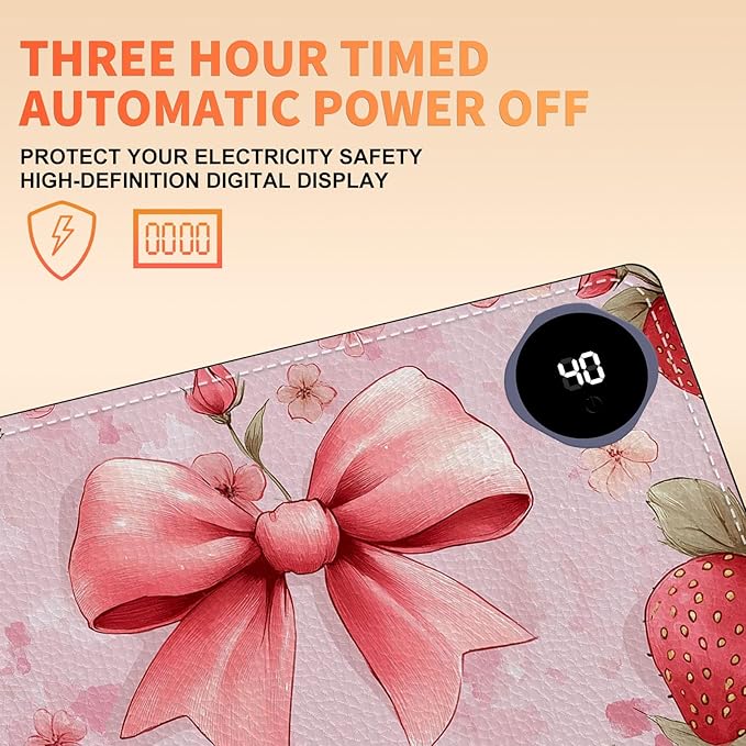 Heated Mouse Pad 23.6 x 14 in 3-Temp Fast Heating Desk Mat with Auto Timer Warmer for Hands Wrist Pain Relief Waterproof Keyboard Mat for Office, Gaming, Home, Pink Bow Floral