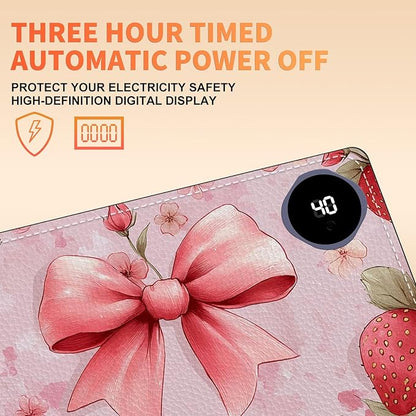 Heated Mouse Pad 23.6 x 14 in 3-Temp Fast Heating Desk Mat with Auto Timer Warmer for Hands Wrist Pain Relief Waterproof Keyboard Mat for Office, Gaming, Home, Pink Bow Floral