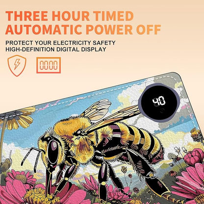 Heated Mouse Pad, Warm Desk Pad, Keyboard Mat 23.6 x 14 Inch Large Size Intelligent Fast Heating, 3 Speed Adjustable, Timed Auto Power Off for Game Office Home, Bees Collect Honey