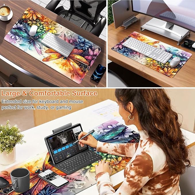 Heated Mouse Pad for Desk 31.5" x 13" – PU Leather Warm Desk Pad with 3 Heat Levels (104°F/113°F/122°F), Plug-in Electric Heating Mat with Auto Shut-Off, Waterproof & Rollable, Colorful Dragonflies