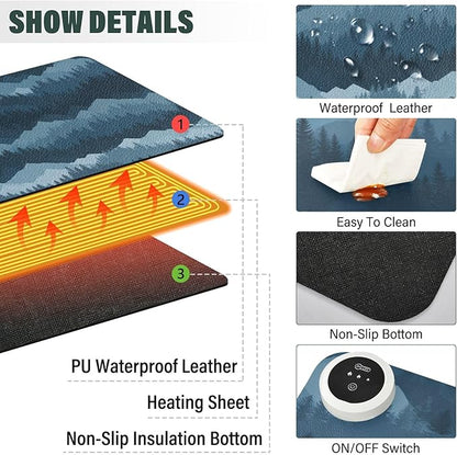 Heated Desk Pad Mouse Pad 31.5x13 Inch PU Leather Desk Mat with 3 Heat Levels Large Mouse Gaming Computer Laptop Mat Blue Mountains and Pine Trees