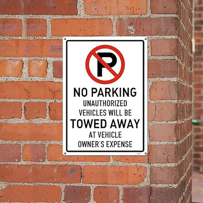Brimar 12"x18" No Parking Vehicles Towed Away Sign - Aluminum, Weatherproof, Bold Red Lettering, Essential Warning for Vehicle Owners.