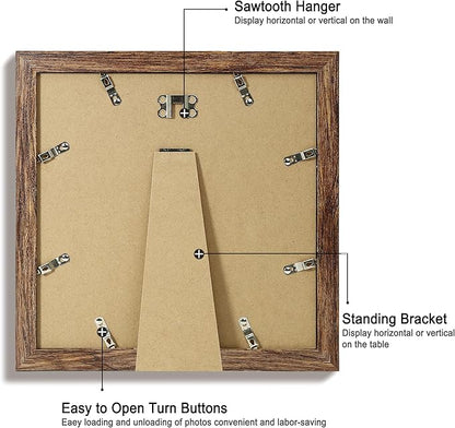 iRahmen 10x10 Picture Frame Set of 4 with Real Glass, Rustic Frames Display 8x8 Picture with Mat or 10 x 10 Without Mat, Wooden Square Photo Frame for Wall Mount and Tabletop Display
