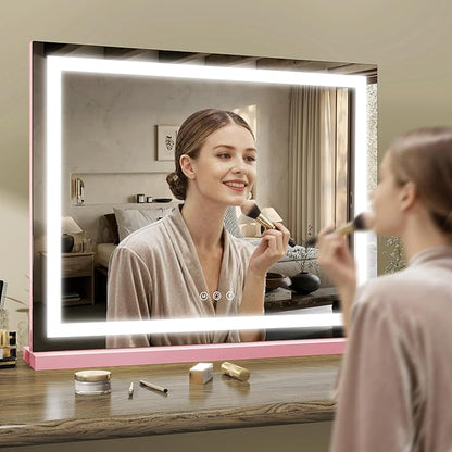 ROLOVE Pink Makeup Mirror with Lights 23x19 Inch, 3-Color Dimmable LED & Touch Control，10X Magnification - Pink Vanity Mirror for Dressing Room (Wall/Tabletop Mount) - Gifts for Women,Teengirls