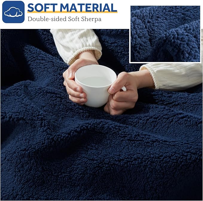 Sealy Electric Blanket Heated Throw 50"x60" Soft Double Sherpa Super Cozy with 6 Fast Heating Levels & 2-10 Hours Auto-Off, Over-Heat Protection, Machine Washable, Navy Blue