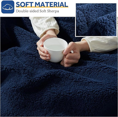 Sealy Electric Blanket Heated Throw 50"x60" Soft Double Sherpa Super Cozy with 6 Fast Heating Levels & 2-10 Hours Auto-Off, Over-Heat Protection, Machine Washable, Navy Blue
