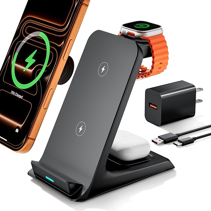 Wireless Charger for Thick Cases of 10MM/Otterbox/Popsocket Compatible, 3 in 1 Charging Dock for iPhone 17 16 15 14 13 Pro Max, Charging Station for Multiple Devices for Apple Watch/AirPods