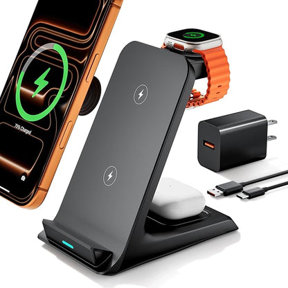 Wireless Charger for Thick Cases of 10MM/Otterbox/Popsocket Compatible, 3 in 1 Charging Dock for iPhone 17 16 15 14 13 Pro Max, Charging Station for Multiple Devices for Apple Watch/AirPods