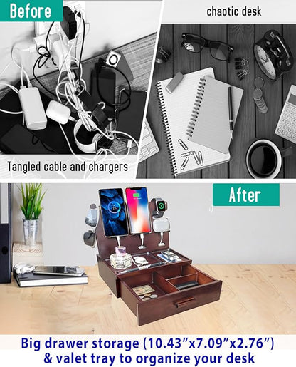 Wood Phone Docking Station with Drawer Nightstand Organizer Charging Station with 4 USB Charger Fast Charging for Dual Phone Apple Android Phones Anniversary Birthday Gifts for Men Dad Hunsband Mom