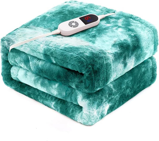 Electric Heated Throw Blanket 50"x60",Luxury Green Faux Rabbit Fur Electric Throw Blanket,Fast Heating Soft Fluffy Thick Electric Blanket with 6 Heating Levels & 12H Auto Off