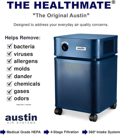 Austin Air HealthMate Standard Air Purifier Midnight Blue - Advanced 4- Stage Filtration Air Purifiers For Home with Activated Carbon & Zeolite - Ideal as Air Purifiers for Bedroom, Model B400