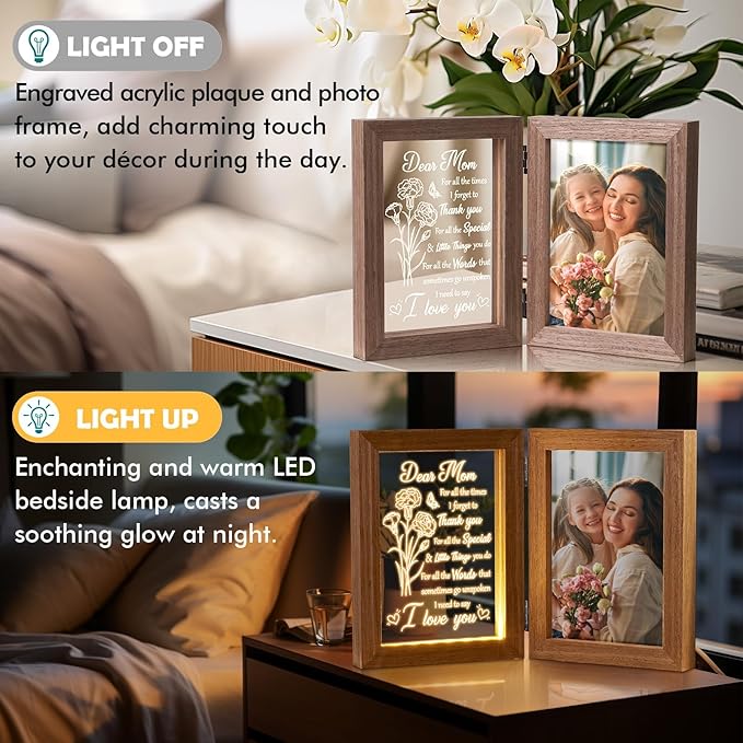 Mom Gifts from Daughters Son Unique Christmas Gifts for Mom, Engraved Night Light with Mommy Picture Frame 5x7 Solid Wood, Mother-in-Law Gift from Daughter-in-Law, Birthday New Mama Gift for Women