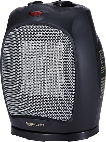 Amazon Basics Oscillating Ceramic Space Heater, Portable Indoor Heating Solution, With Overheat and Tip-Over Protection, Thermostat, 1500W, 7.52"D x 6.34"W x 9.45"H, Black