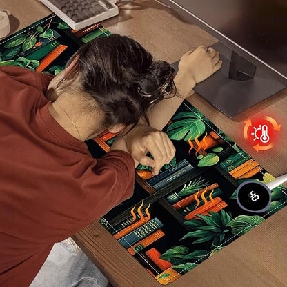 Heated Mouse Pad 31.5x13 in 3-Temp Fast Heating Desk Mat with Auto Timer Warmer for Hands Wrist Pain Relief Waterproof Keyboard Mat for Office, Gaming, Home, Bookshelf Jungle