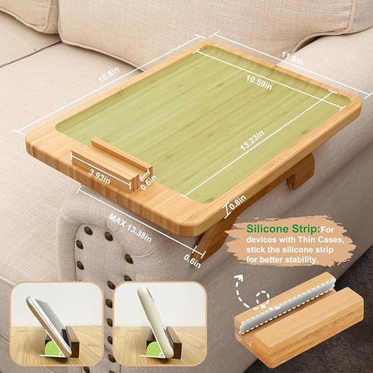 SINWANT Couch Arm Tray Table, Large Bamboo Couch Armrest Table with Phone Holder,Foldable Sofa Armrest Tray for Eating Snacks Drinks Remote Books Arm Chair