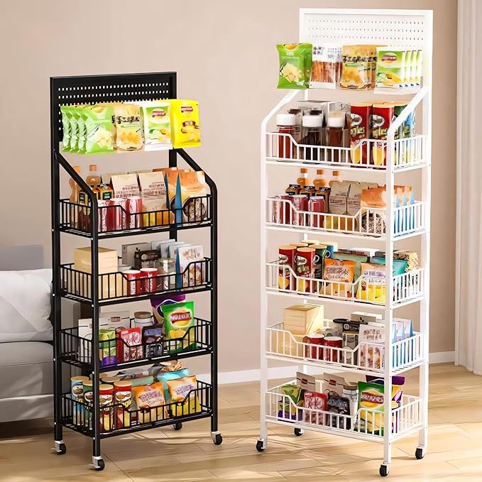 5-Tier Retail Display Rack, Metal Snack Display Stand with Wheels and Hooks, Multi-Functional Shelf, Easy to Assemble, Suitable Storage Rack for Home, Supermarket, Drugstore (5-Tier, White)