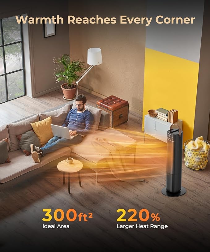 Space Heaters Indoor Use, 26" 12ft/s Electric Heater with Remote, 1500W Electric Heaters with 75°Oscillation, 1-12H Timer, PTC Electric Heater for Large Room, Bedroom Home Office1