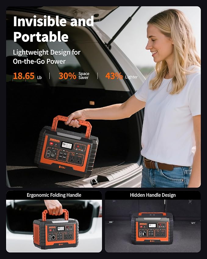 EBL Portable Power Station 1000W, 999Wh Solar Generator 2000W Peak, AC/Wireless Charging/60W USB-C Output, Lithium Battery for Emergency, Home Backup, Camping, RV, Off-Grid Living