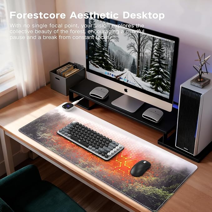 iCasso Heated Mouse Pad, XL Big Desk Pad with 4 Heating Levels & 4 Auto Shut-Off Levels for Computer Keyboard, 31.5" x 13" Large Safe Desk Mat Hand Warmer for Home Office Work (Forest)
