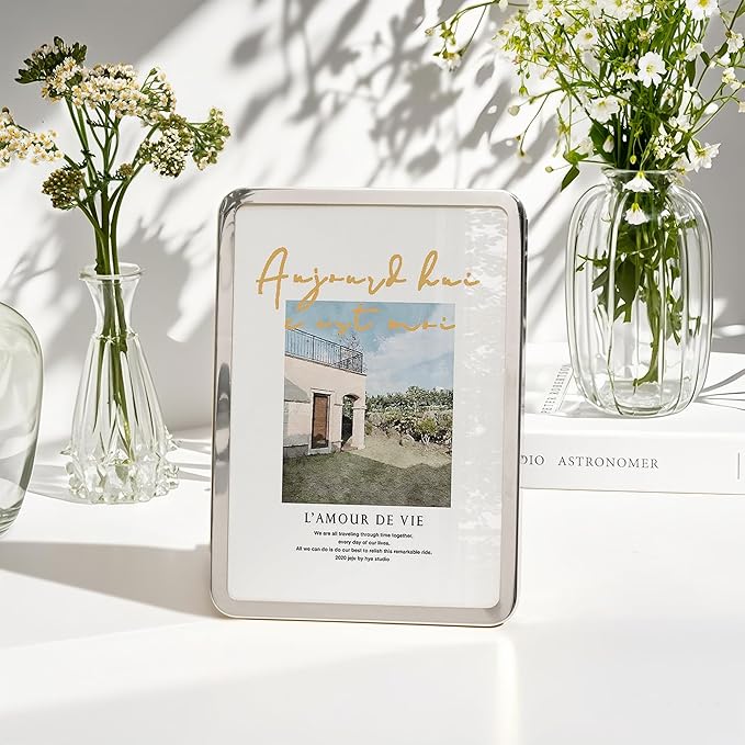 Axeman 5x7 Picture Frame-Metal Rounded Corner Frame 5x7, 5''x7''Photo Frame with Tempered Glass,Tabletop and Wall Display, One-Piece 5 By 7 Metal Picture Frame for images, Silver