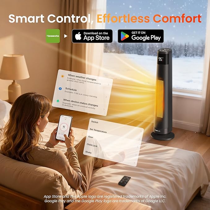 1500W PTC Ceramic Smart Space Heaters for Indoor Use, Portable Heater with Remote & App Control for Large Room, Office, ECO Modes, Safety Protection, 70° Oscillation, 12H Timer, Black, 1 Pack