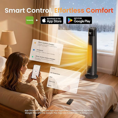 1500W PTC Ceramic Smart Space Heaters for Indoor Use, Portable Heater with Remote & App Control for Large Room, Office, ECO Modes, Safety Protection, 70° Oscillation, 12H Timer, Black, 1 Pack