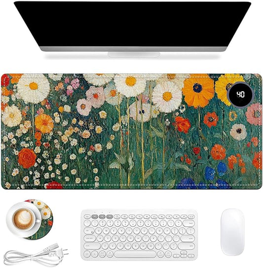 Heated Mouse Pad 31.5x13 in 3-Temp Fast Heating Desk Mat with Auto Timer Warmer for Hands Wrist Pain Relief Waterproof Keyboard Mat for Office, Gaming, Home, Floral Garden