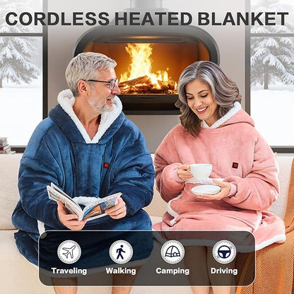 JOYWOO Wearable Heated Blanket Hoodie,Oversized Cordless Portable Heating Hooded Blanket Cat Lovers,Christmas Gifts for Women,Men,Cozy Sherpa Sweatshirt Electric Blankets Throw for Adult Outdoor,Navy
