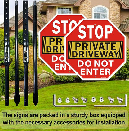 2Pack Stop Sign, Private Driveway Do Not Enter Sign with Stake, 36" Tall, 12" x 12", Reflective Aluminum