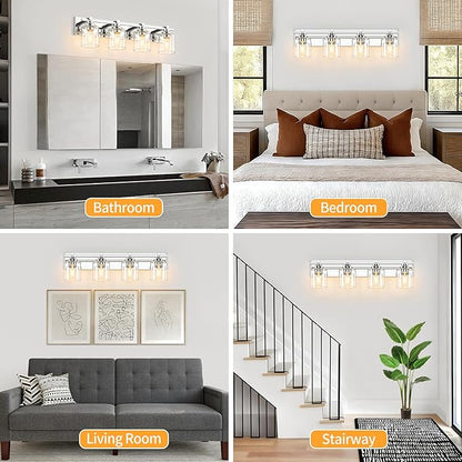 4 Light Modern Bathroom Light Fixtures Over Mirror, Chrome Vanity Lights for Bathroom Wall Sconces with Clear Glass Shades, E26 Socket (Bulbs Not Included)