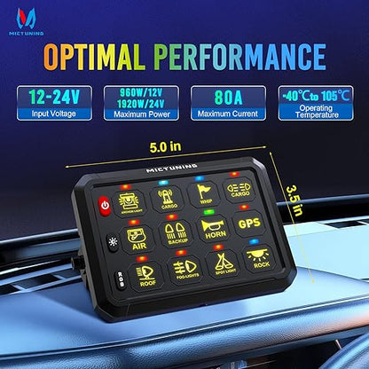 MICTUNING 12 Gang Switch Panel, P1B LED Touch Control Panel Box with Electronic Fuses Car Touch Switch Box Universal for Truck ATV UTV Boat Marine RV SUV Caravan Camper, 2 Years Warranty