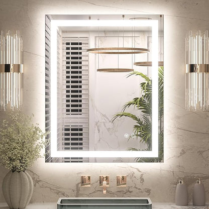 Keonjinn 24 x 30 Inch Bathroom Mirror with Lights, LED Vanity Mirror with Frontlit & Backlit, Stepless Dimmable 3-Color Temperature, Lighted Mirror with Anti-Fog, Tempered Glass(Horizontal/Vertical)