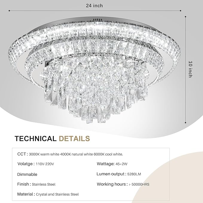 COCOSTAR 24 inch Flush Mount Crystal Chandeliers with Remote and APP, Modern Elegant LED Crystal Raindrop Ceiling Light Fixture, 3CCT Dimmable, for Living Room Kitchen Island Bedroom Entryway Foyer