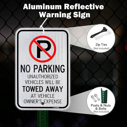 T&R Large No Parking Sign Will Be Towed Away Sign, 18" x 12" Engineer Grade Reflective Sheeting, Rust Free Aluminum, Weather Resistant, Waterproof, Fade Resistant, 2 Pre-drilled Holes
