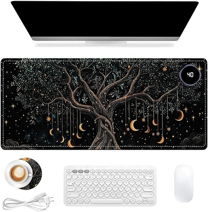 Heated Mouse Pad 31.5x13 in 3-Temp Fast Heating Desk Mat with Auto Timer Warmer for Hands Wrist Pain Relief Waterproof Keyboard Mat for Office, Gaming, Home, Moonlit Tree Art