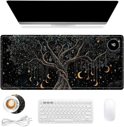 Heated Mouse Pad 31.5x13 in 3-Temp Fast Heating Desk Mat with Auto Timer Warmer for Hands Wrist Pain Relief Waterproof Keyboard Mat for Office, Gaming, Home, Moonlit Tree Art