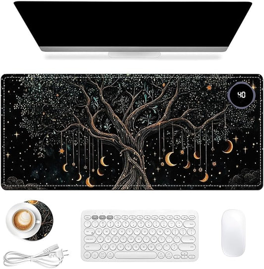 Heated Mouse Pad 31.5x13 in 3-Temp Fast Heating Desk Mat with Auto Timer Warmer for Hands Wrist Pain Relief Waterproof Keyboard Mat for Office, Gaming, Home, Moonlit Tree Art