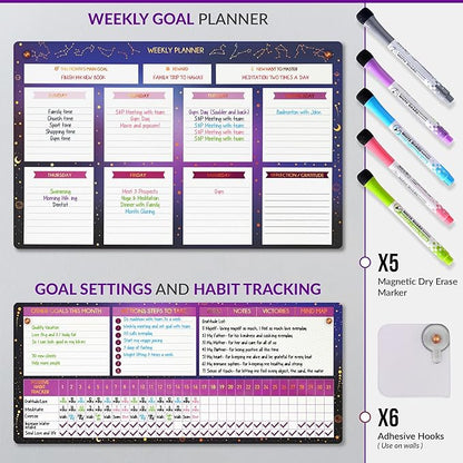 Magnetic Whiteboard for Fridge - Large Dry Erase Calendar for Wall | 2 Magnetic Dry Erase Board 10.5" x 16.5" & 7" x 16.5", Monthly Goal Setting & Habit Tracker, 5 Markers and 6 Adhesive Hooks