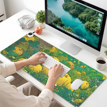 Heated Desk Pad Mouse Pad 31.5x13 Inch PU Leather Desk Mat with 3 Heat Levels Large Mouse Gaming Computer Laptop Mat Yellow Pumpkin Flower Tree
