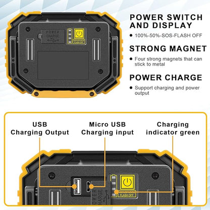 Sunzone LED Work Light, Rechargeable Magnetic Flood Lights with Stand, Waterproof Portable Job Site Lighting for Camping, Fishing, Hiking, Car Inspection with Emergency Mode (2 Pack)