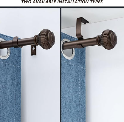 Bronze Curtain Rods for Windows 48 to 84 Inches, 1 Inch Adjustable Heavy Duty, Lantern Ball Finials, Window Treatment Single Rod Set