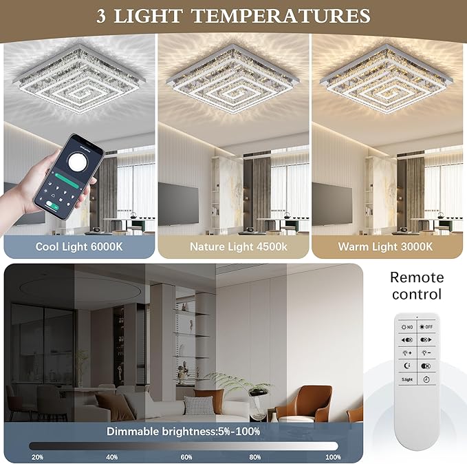 43" Modern Crystal Chandelier with Remote/APP Control, Dimmable Flush Mount Ceiling Light Fixture, 3-Color Temperature, Led Ceiling Lamp for Living Room Bedroom Kitchen Dining Room Entryway