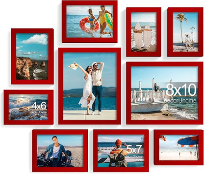 decorUhome Picture Frames Collage Wall Decor for Photo Gallery Display, Assorted Picture Frames set of 10 Including Two 8x10 / Four 5x7 / Four 4x6 for Family Wall Decor, Red, 10 Pack