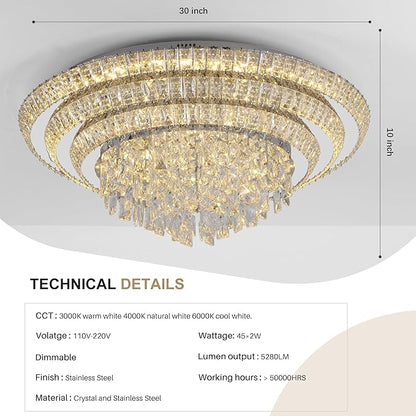 COCOSTAR 30 inch Flush Mount Crystal Chandeliers with Remote and APP, Modern Elegant LED Crystal Raindrop Ceiling Light Fixture, 3CCT Dimmable, for Living Room Kitchen Island Bedroom Entryway Foyer